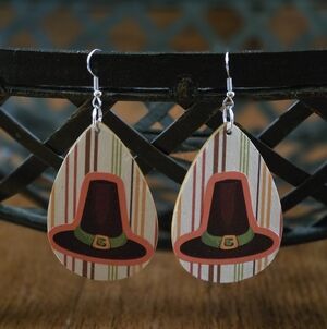 Hand Crafted Brown and Orange Pilgrim Hat Teardrop Earrings